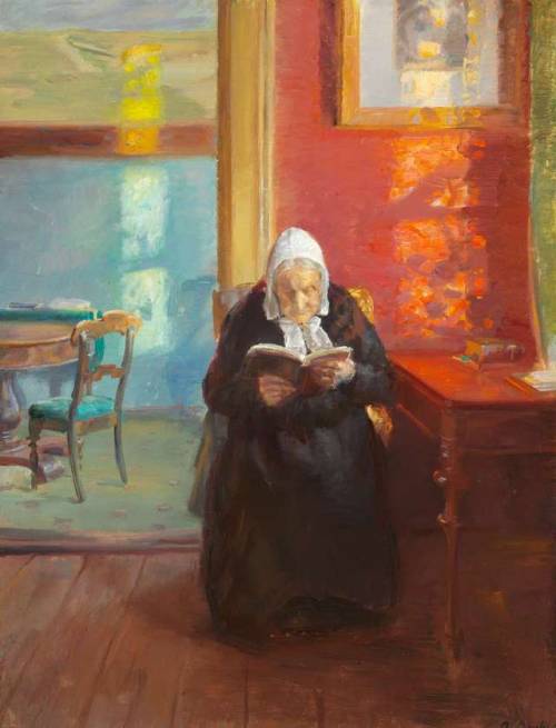 The artist’s mother, Ane Brøndum, reading in the red living room - Anna Ancher ,1910.Danish,18