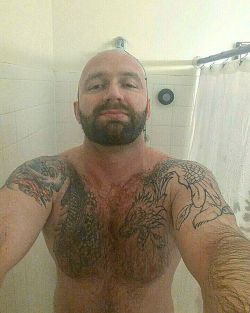 qurba78:  Morning #showertime diaries  #Qurba #hairychest #tattooed #inked #bear #bearded #inkedup  (at DKG Headquarters)