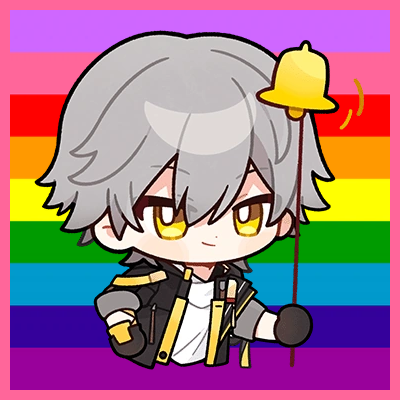 A chibi-style image of the character Caelus from the video game Honkai Star Rail overlaid atop the nine-stripe Gilbert Baker pride flag, with a hot pink border.