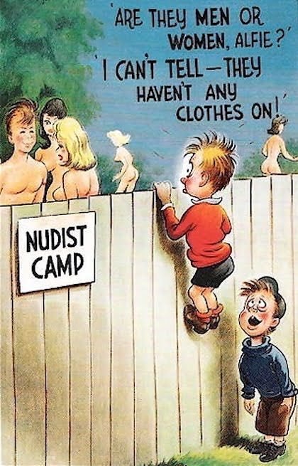 I have always wondered about the trope of the fenced “nudist colony/camp” that is s