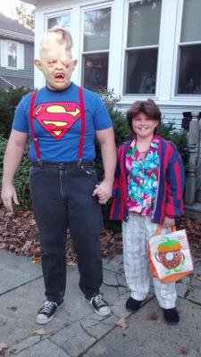 hotteaandoranges:  solslittlewindow:  stunningpicture:  Halloween was tonight in my town. My daughter and I were stopped a lot for pictures.  The Goonies “Chunk” and “Sloth” Halloween costumes. The awesomeness of this photo cannot be overstated.