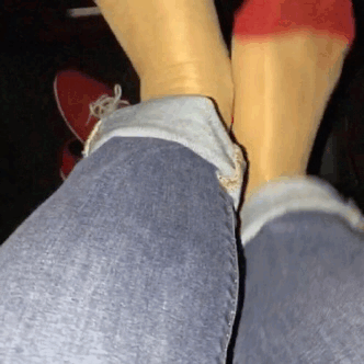 Teasing at the store in red/tan Cuban heel stockings. Footjob was just for home though.