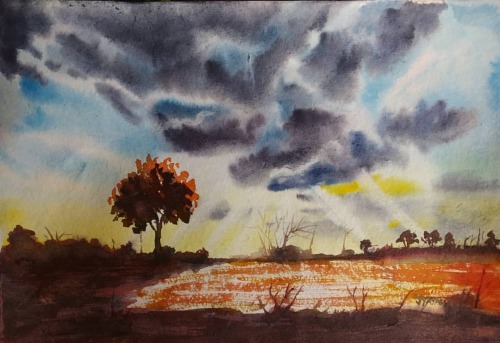 Dramatic skies are what watercolors thrive on..❤️❤️❤️ . . Followed a YouTube tutorial by @mkazmi_stu