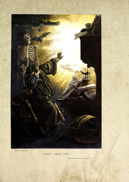 A coloring of The Spirit Appearing to Faust, by Franz Xaver Simm, from Goethe’s Works: Illustrated b