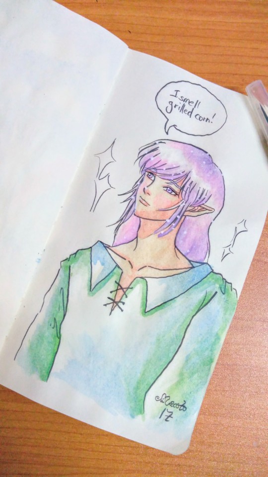 Original character. He's a half-elf, light skin, long white hair with pastel purple shadows, elf-ish ears, gentle face, wearing pastel green shirt. In dialog bubble he said, "I smell grilled corn." 