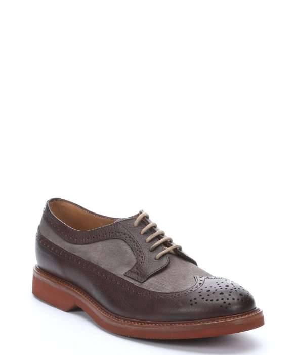 brogues-loafers-chukkas-derbies:  Brown Leather And Canvas Tooled Wingtip Lace-Up