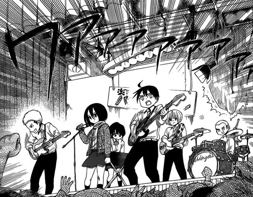 I don’t know how it just occurred to me that RivaMika are the respective singers of their bands in the junior high spin-off manga. We’ve had a few music/band duel fics already, but go on, go on…