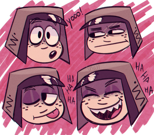 [ID: four headshot doodles of benrey against a scribbly pink background. in the first, he has a surp