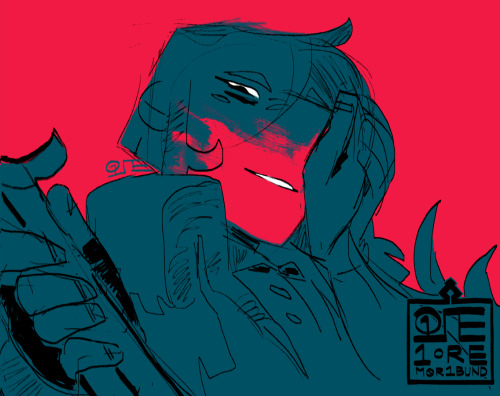 [Image: A sketch of Brun, silhouetted deep blue against a violence magenta background. She has condi