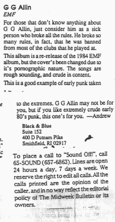 ggallinarchives: Three reviews from various sources from GG Allin’s scrapbook (pg. 15), thanks