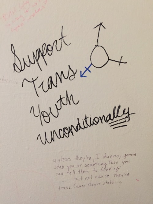 queergraffiti:je-me-libere:The best bathroom graffiti“support trans youth unconditionally&rdqu