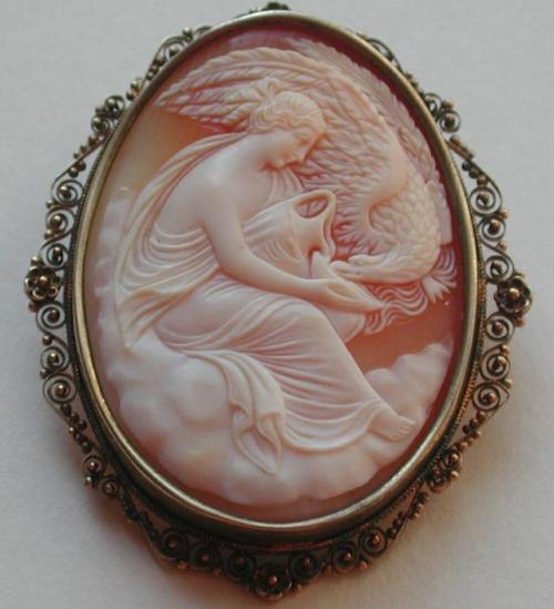 Victorian Hebe and The Eagle Cameo Vermeil Brooch/Pendant  Lovely Victorian shell carving of He