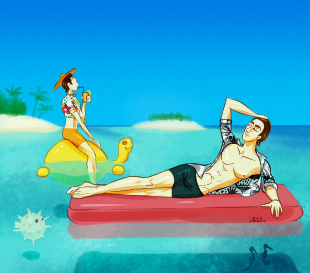 a drawing of Lore lounging on a red floating mattress on the shallow clear waters around tropical islands. His black & white hawaii shirt is open, showing his athletic slender torso, and he wears black shorts. His eyes are closed. Behind him, Data, sipping a colourful drink, sits on a floating yellow turtle toy. He is wearing a sun hat, a colourful hawaii shirt tied at the belly, and orange shorts. A blowfish can be seen approaching Lore, and under the mattress there is also a pair of seahorses swimming by.