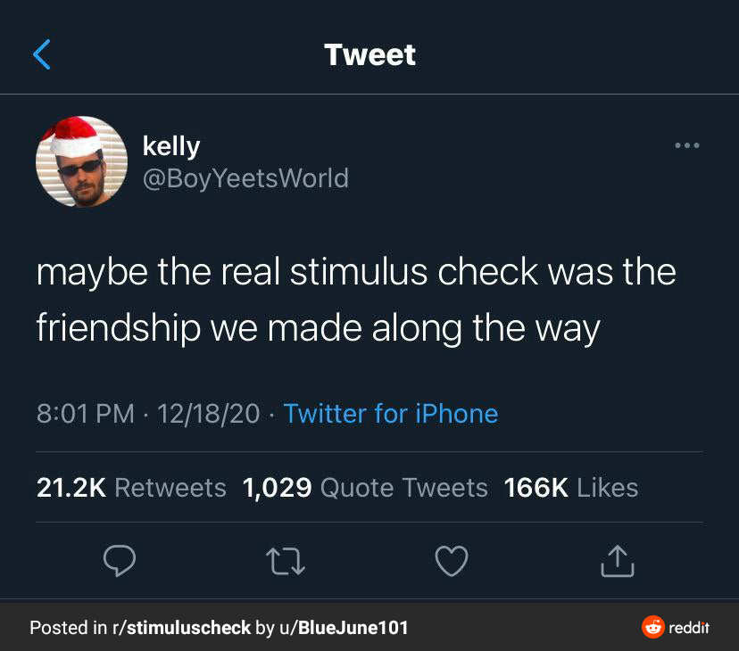 bogleech:omruc:twenty-something-year-old:The memes about the stimulus check give me life.maybe the real stimulus is the american people overthrowing their worthless governmentThe same people who defend this are the same people who hate being taxed and