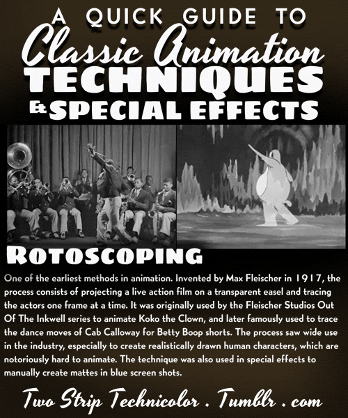 animationfx:  twostriptechnicolor:  Animation techniques and effects from the classic era. For more vintage movie geekery, check out my Old Hollywood Special Effects, and my Early Color Film Processes posts! (And while you’re at it, take a look at my