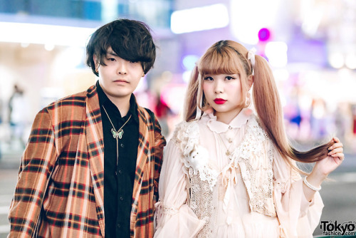 Japanese designers Shota and Yukarin on the street in Harajuku wearing vintage and antique fashion w