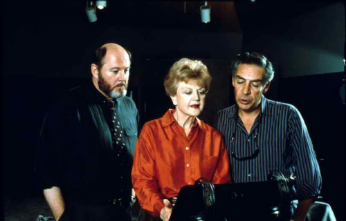 David Ogden Stiers (Cogsworth), Anglea Lansbury (Mrs. Potts), and Jerry Orbach (Lumiere) in the reco