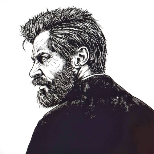 An in-progress of the black & white inks for Hugh Jackman’s portrait in the Logan poster. 