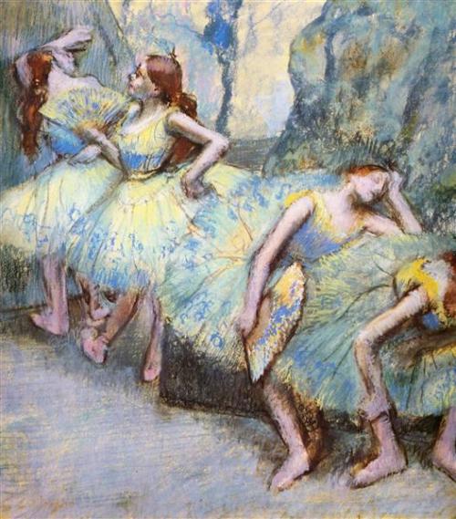 impressionism-art:  Ballet Dancers in the Wings 1900  Edgar Degas