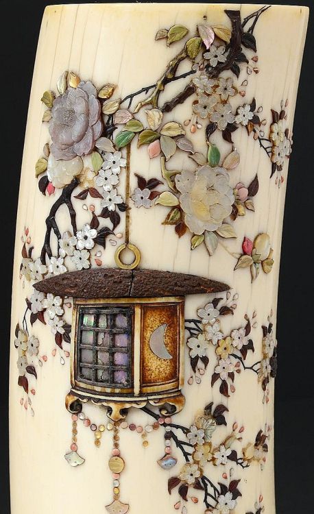 artdetails:Ivory Shibayama Vase (detail), Meiji Period, 19th Century, inlaid and overlaid with vario