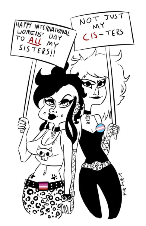 Hand-drawn (primarily) black & white image of two female-presenting, goth-punk rocker types. The