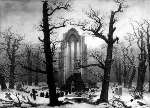immortart:

Caspar David Friedrich, Monastery Ruins In The Snow. 