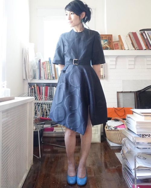 #stellamccartney PF14 dress, #celine lucite earrings, #CDG tricot brocade wrap, #maisonmargiela pump