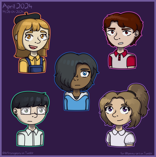 ID Start. A drawing similar to the one in the original post, but with full colors.
2. A boy with brown hair and red eyes. He wears a white polo shirt with red sleeves and collar.
3. A boy with black hair and green eyes, wearing a white shirt.
4. A girl with blonde hair and purple eyes, dressed in a white shirt. ID End.