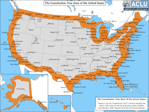 pantslesswrock:  YOU FUCKING SEE THIS MAP, MOTHERFUCKERS? YOU GETTING A LONG GOOD SQUINT ON WITH YOUR SIGHT-HOLES? YOU SEE THAT LONG ORANGE SNAKE WEAVING ITSELF AROUND OUR FAIR COUNTRY? THAT ORANGE LINE DENOTES THE 100 MILE BORDERS OF THE US, WHICH IS