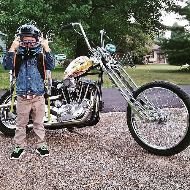 lowbrowcustoms:  Start'em young with: @thewildbill32 #schoolrides #choppers #ironhead