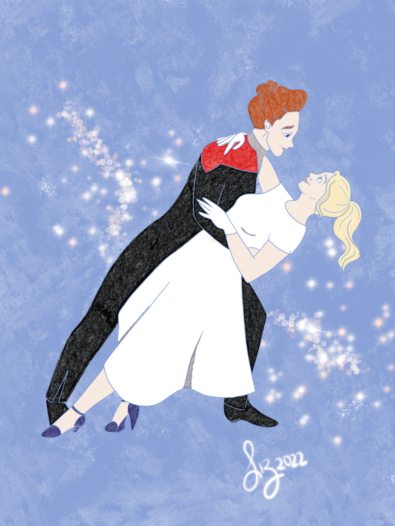 Sketch of Hologram Janeway dancing with Zora (who looks like Annabelle Wallis in a white dress with gloves). Janeway is dipping Zora as they gaze into each other's eyes.