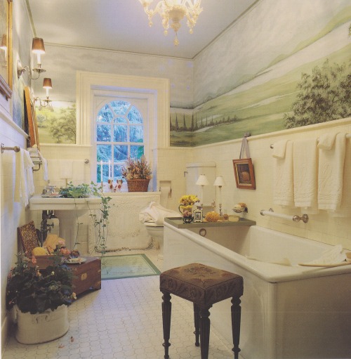 vintagehomecollection: Consider a mural for the upper walls of a bath that is tiled three quarters o