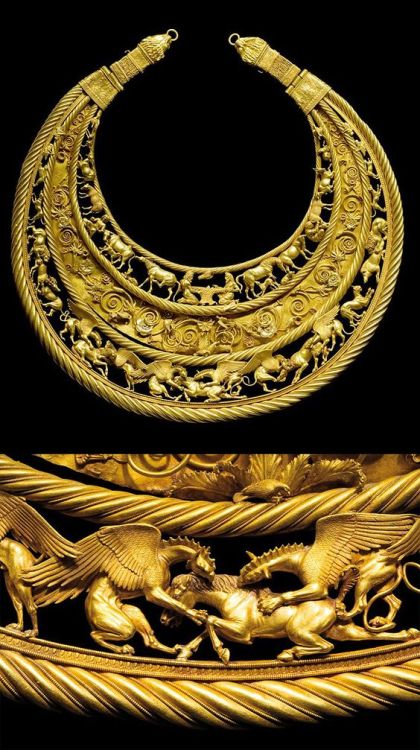 treasures-and-beauty:A golden pectoral, 400 BC.  Depicting Scythian life and mythologies.