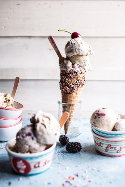 sweetoothgirl:  No Churn Ice Cream 5 Ways (Bourbon Cherry and Cacao Nib, Blackberry Lavender, Sea Salt Honey and Dark Chocolate Chunk, Espresso Chip, & Malted Vanilla and Peanut Butter Cup Chip)