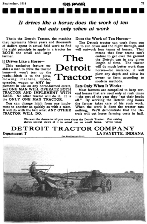 Ad from the confusingly named Detroit Tractor Company (based in Indiana), claiming that its new trac