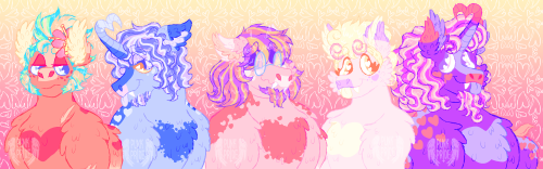 A digital drawing of Sweet Briar Rose Quartz (an orange Pegasus with blue eyes and a short green mane that had a red flower in it) with a stern expression, Concord Beaunoir (a blue unicorn with orange eyes and a people mane) smiling cooly with his tongue out, Apollo L'Amour Sparkle (a brown Pegasus with a purple mane and blue glasses) smiling nervously, Ruby Raspberry Chocolate (a pink pony with a yellow mane and orange eyes) looking towards her twin brother smiling with her tongue out, and Eros Eversweet Pomegranate (a purple alicorn with a people mane and purple eyes) looking towards his twin sister smiling with his tongue out, all in front of a pink and yellow backdrop that is patterned with with white hearts