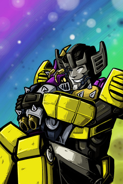 gokuma:  spookydrift:  HEY HEY HEY! Art trade with the lovely and talented Sowiddlefur! Go check out her awesome stuff. Hope you like some Sunstreaker and Bob cuddlin ma’am uwu  babbus