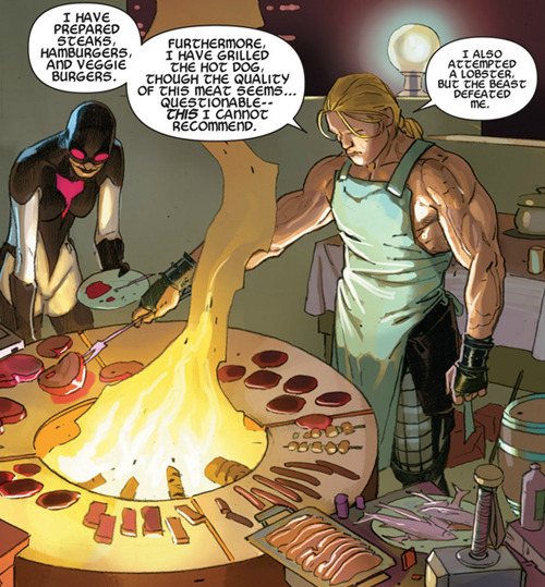 jhameia:doublehamburgerjack:  thefingerfuckingfemalefury:  bethanythemartian:  ohmygil:  scratch-the-maven:  “We have…mead pie. Beer pie. And for the truly daring…Fimbulvinter pie.”  Avengers #24.NOW   I think we’re burying the lead. Thor made
