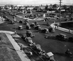 latimes:  L.A. rush hour, 1929 style? Wilshire and Western on Feb. 10, 1929. Two years later, real estate developer Henry de Roulet, whose office is in the center of the photo, would build the Wiltern Theater and Pellisser Building at the intersection.