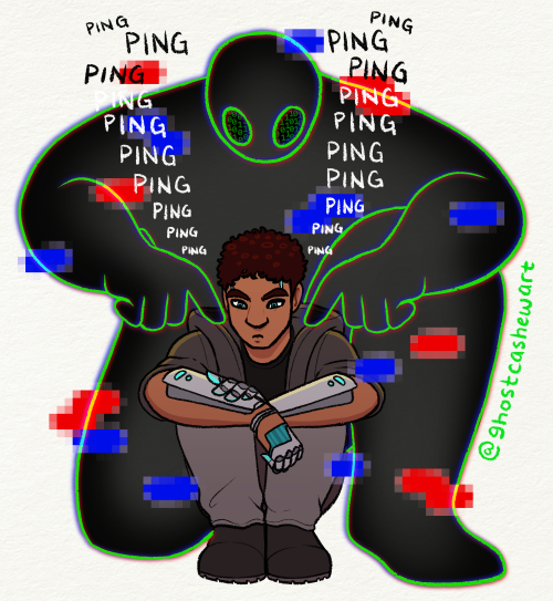 a digital drawing of ART (Asshole Research Transport) kneeling behind a sulking Secunit and poking its shoulders repeatedly while looking down at it. Secunit has its knees tucked up against its chest while staring downward. Text rising from ART's hands says "PING" repeatedly.