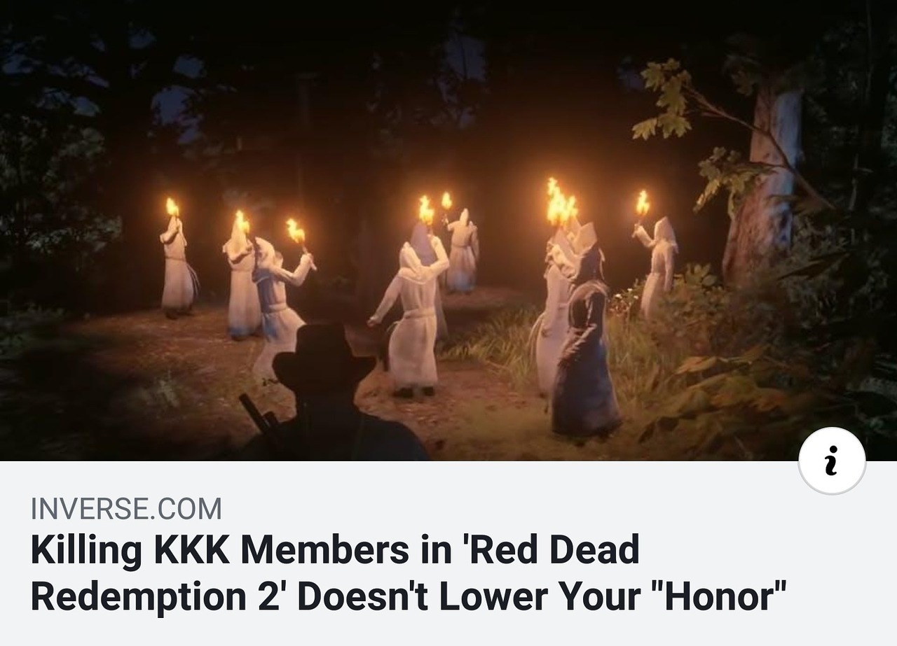 transnerdmercenary:  passthecavasier:   GAME OF THE YEAR 5 STARS 10/10   You get rewards for killing Klansmen in RDR2 but you instantly get the cops after you for punching suffragettes (serves that one jackass right) 