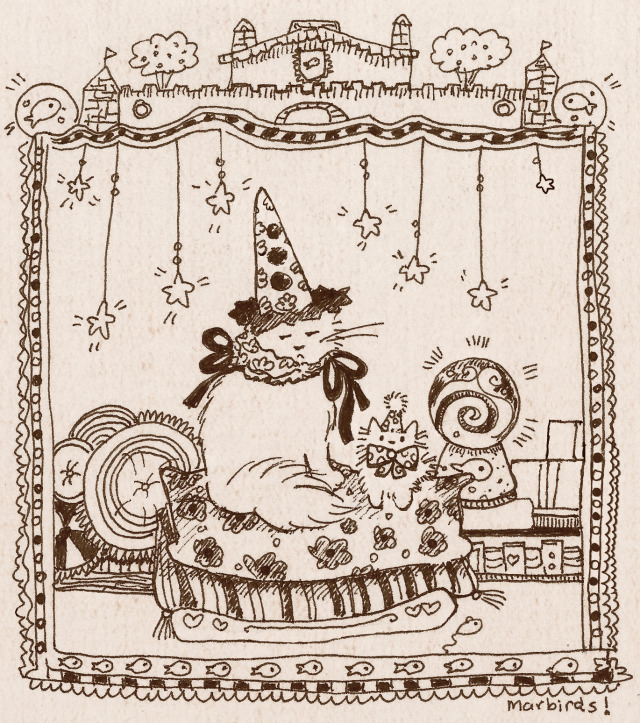 A pen drawing of an annoyed looking cat with a long pointy ruffled hat tied around its a head sitting up and a little fluffy kitten next to him. The kitten is wearing a big dotted bow tie and party hat with a puffball on the end. The kitten only has two dot eyes and nose. They are sitting on three stacked pillows. Behind them are various decorations (a scrying orb, bookshelf, boxes, and round pillows.) and stars on a string hang from the ceiling. A decorative border frames the whole picture, with a castle on top and a horizontal line of fish on the bottom. The whole picture is brownish and textured, making it look like it's from an old book. 