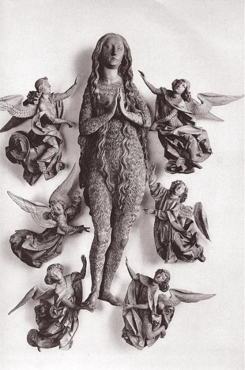 medievalanchoress:Tilman Riemenschneider, Mary Magdalene with Two Angels, 1490. Unpainted wood.
