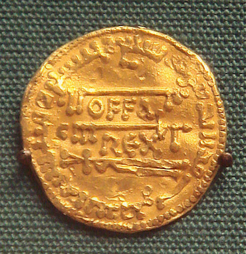 Mercian gold coin bearing name of king Offa (757-793).The coin is an imitation of Abbasid Caliphate 