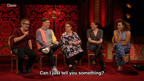 [ID: Four screencaps from Taskmaster. Smiling, David Baddiel says, “Can I just tell you something? I