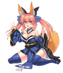 フェイト・シリーズ、フェイト/エクストラ、キャスター(fate/extra)、ボー、リボン、ヘアボー、ヘアリボン、ロングヘア、ツインテール、サイハイソックス、\m/、一人、乳、分離袖、和服、女一人、尻尾、巨乳、座る、牙、狐尻尾、狐耳、獣耳、白い背景、縛られた髪、肩出し、シンプル背景、胸の谷間、開口、ブルー靴下類、ピンクの髪、髪飾り、黄色目