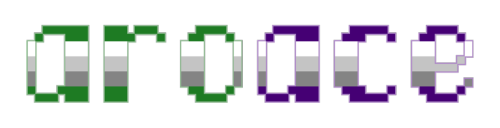 [image description: three pixel art text banners of the word “aroace” in a blockish, pix