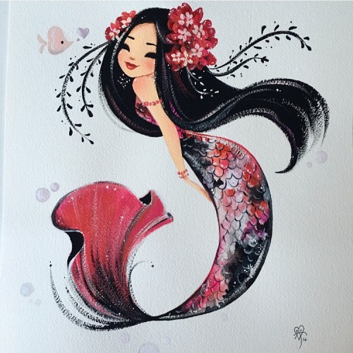 Koi mermaid! 11x14 inches-gouache paint & crystal glitter on Arches watercolor block Prints avai