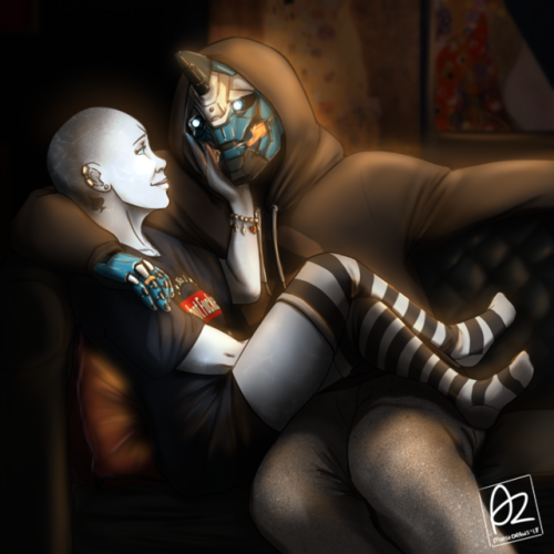 Commission for @crazy-bone-lady of her Hunter, Nevia, and Cayde-6 all cozy and enjoying each other’s