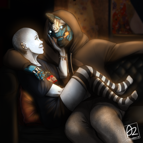 Commission for @crazy-bone-lady of her Hunter, Nevia, and Cayde-6 all cozy and enjoying each other&r